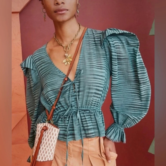 Ulla Johnson Ophelia Ruffle Tie Blouse Stripe Green Size 2 - Picture 1 of 7